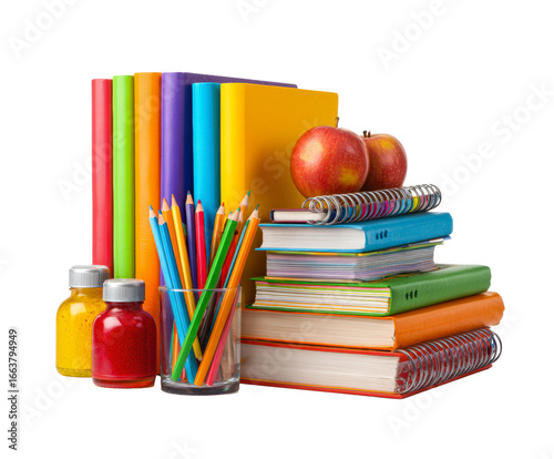 Colorful school supplies and fresh apples for study time on a transparent background, cut out