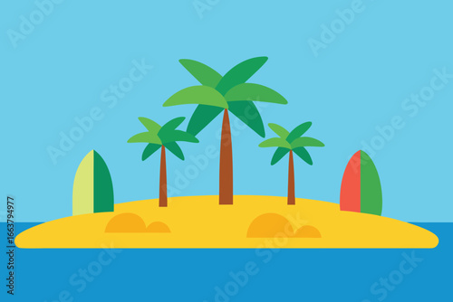 A vibrant tropical island scene featuring palm trees, surfboards, and golden sand, set against a clear blue sky and ocean backdrop