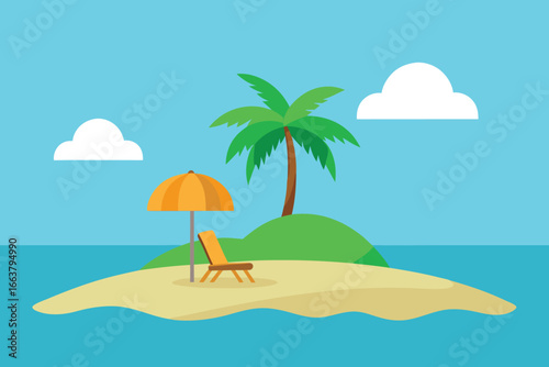 A relaxing tropical island scene with a beach chair and umbrella under a palm tree, inviting a peaceful vacation getaway