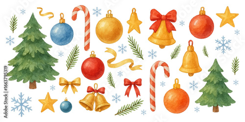 Watercolor Christmas elements: decorated Christmas trees, red and gold balls, candy canes, bells, stars, bows, ribbons, green branches and snowflakes. Festive illustration isolated on white background