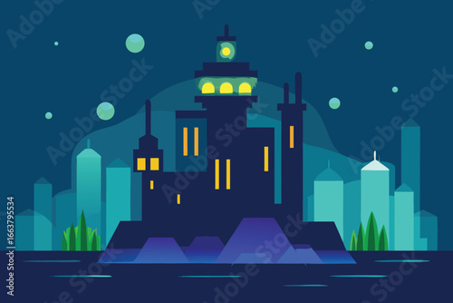 A captivating cityscape at night, featuring a modern building with illuminated windows, set against a backdrop of an urban skyline and dark sky