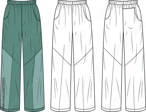 Wide leg seam detail pants front, back, side view, technical flat sketch, fashion vector template, clothing design illustration for streetwear or casual apparel design mockup