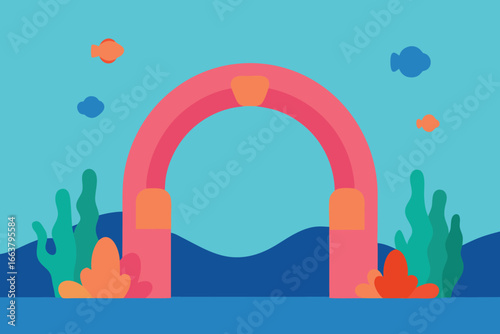 An underwater archway with colorful coral and fish, creating a vibrant marine scene in the ocean, perfect for a tropical aquatic environment