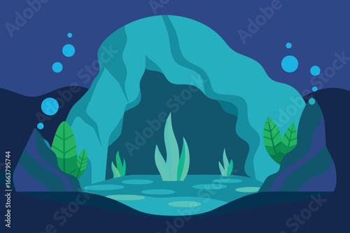 Mysterious cave landscape with glowing plants and a serene pool of water, set in a dark and enchanting underground environment