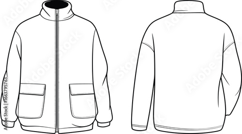 Winter jacket sketch, front and back view illustration, high collar design, zipper and pocket detail, technical outerwear drawing, cad drawing flat vector illustration