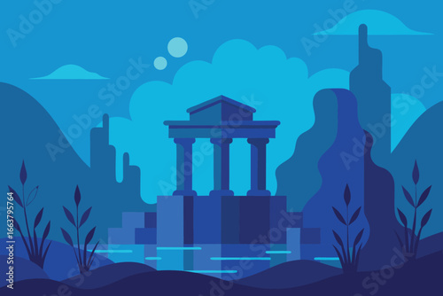 Ancient temple ruins nestled in a serene landscape, with majestic mountains and a tranquil river reflecting the historical architecture