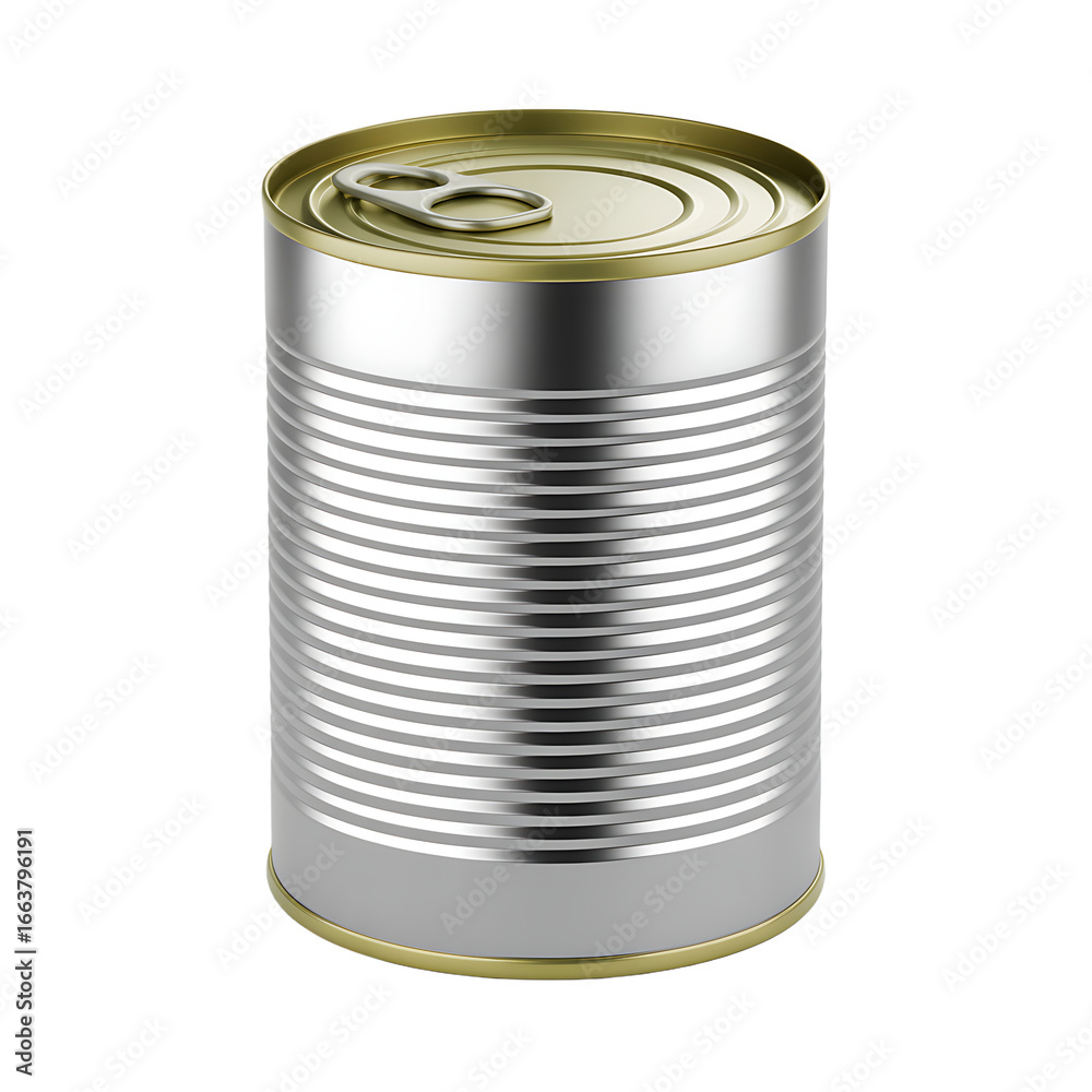 A plain silver tin can with a gold pull-tab top. A plain silver tin can with a gold pull-tab top.
