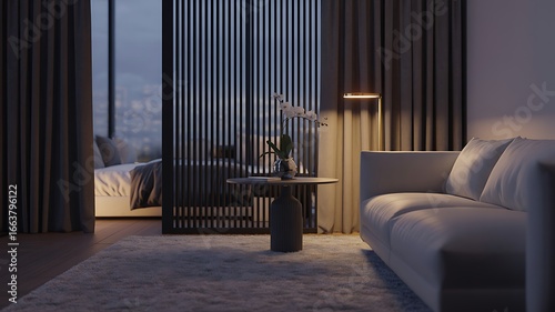 Cozy living room with sofa and bedroom view at dusk