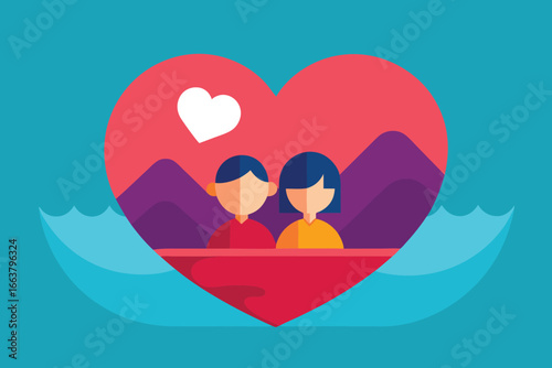 A romantic couple in a heartshaped boat sailing on the sea with mountains in the background, celebrating love and togetherness on valentines day