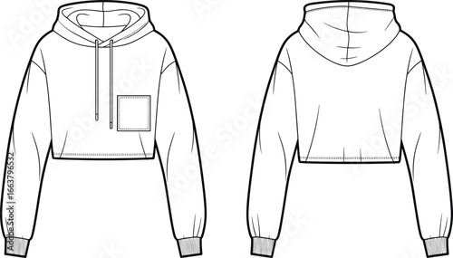 Women’s cropped hoodie design, long sleeves, ribbed cuffs, front pocket, drawstring hood, casual fashion, loose fit, cozy style, vector CAD drawing, flat illustration