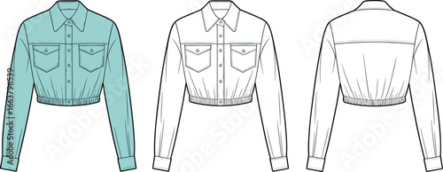 Women’s cropped denim jacket with front flap pockets, long sleeves, shirt collar, button closure, elastic hem, flat vector CAD illustration