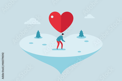 A man standing on a heartshaped island with a big heart floating above his head, surrounded by snow, trees, and clouds in a winter landscape