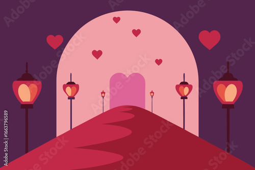 A romantic path leading to a heartshaped door under an arch, decorated with hearts and lamps, creating a peaceful and loving valentines day scene