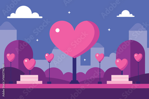 Valentines day park landscape with heart shaped trees and romantic scenery creating a love filled and celebratory background design