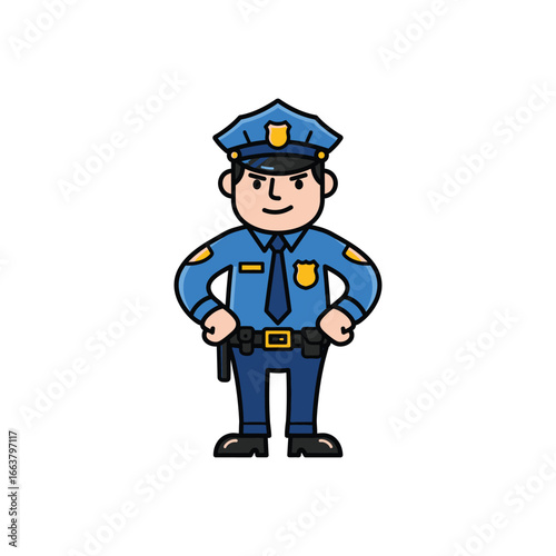 Friendly Cartoon Police Officer Standing Confidently in Blue Uniform.