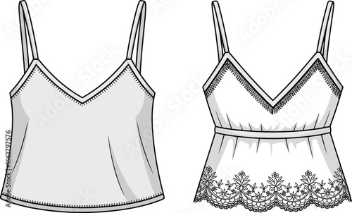 Women’s lace camisole top vector, floral lace hem, adjustable spaghetti straps, V-neckline, fitted waist, fashion CAD drawing, flat vector illustration