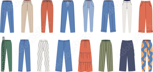 Women’s pants collection vector set, colorful fashion trousers flat design, multiple styles, trendy patterns, fabric variation illustration, front view sketch, cad editable drawing