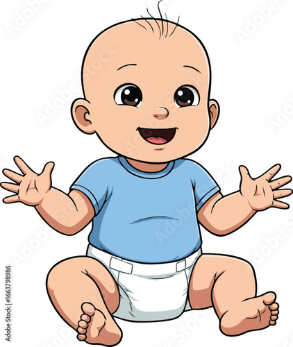 Happy baby boy sitting with open arms in blue shirt and white diaper cartoon vector illustration 