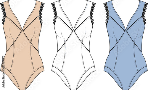 Women's lace bodysuit illustration, fashion lingerie design, CAD drawing flat, vector template, intimate apparel sketch, stylish one-piece garment, front view details