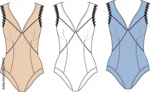 Women's lace detailed bodysuit, lingerie fashion flat, CAD drawing, vector template, one-piece intimate design, front view, stylish undergarment illustration