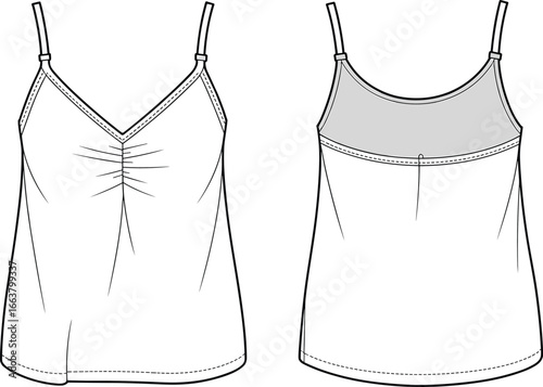 Women's sleeveless top vector, front ruching detail, spaghetti straps, curved back yoke, stylish summer wear, CAD drawing flat vector illustration