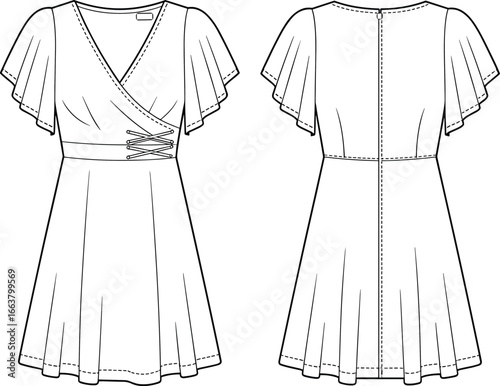 Wrap Dress CAD Design, Flared Short Sleeve Style with Waist Detail, Fashion Flat Sketch, Technical Vector Illustration for Women’s Wear