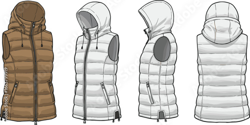 CAD drawing flat vector illustration of puffer vest styles, hooded and sleeveless design, front side and back views, fashion sketch, technical apparel layout, winter outerwear template