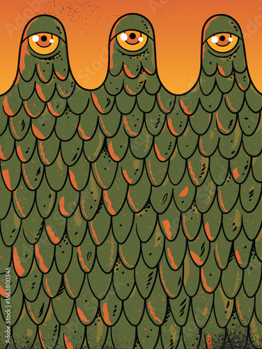Monster face. Green mutant creature. Horror character, grunge poster