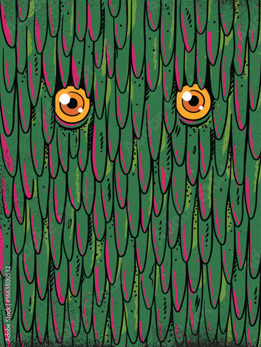 Monster face. Green mutant creature. Horror character, grunge poster