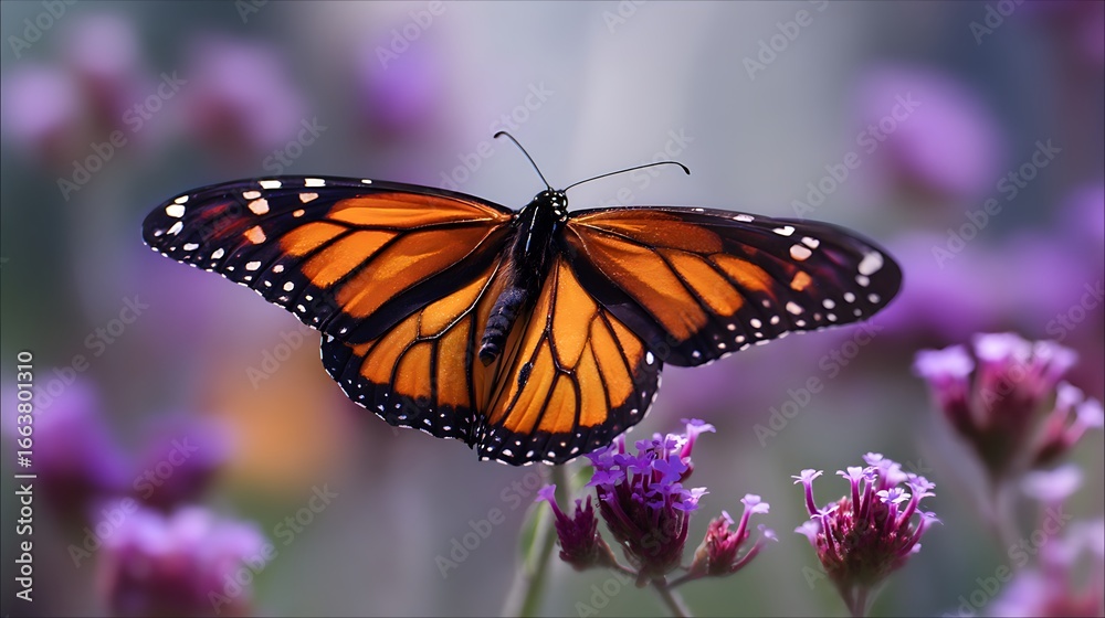 Fototapeta premium Monarch butterfly resting on a purple flower wings outstretched showing the vibrant orange and black patterns against a soft backdrop