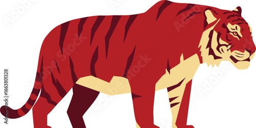 Tiger walking in side profile with red and beige colors vector illustration of wild big cat animal in natural pose 