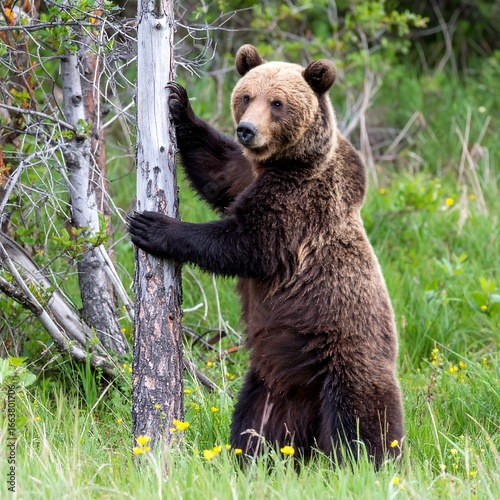 Wallpaper Mural Grizzly bear standing near a tree in a grassy meadow Torontodigital.ca