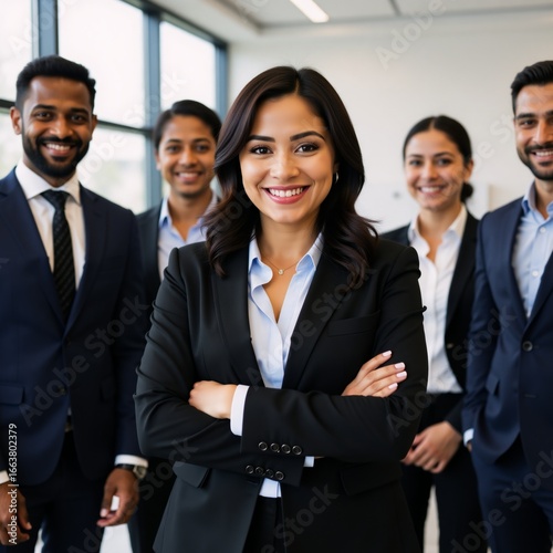 A diverse successful business team stands together in their office led by a Latin female leader smiling for a group portrait