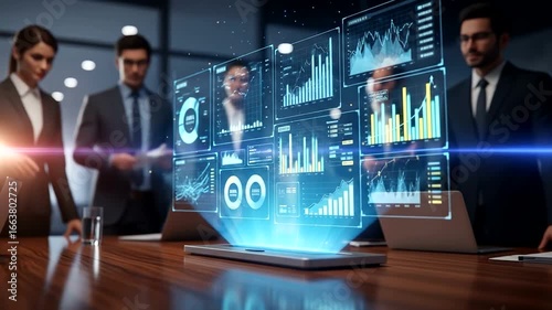 Businesspeople collaborating in a conference room, analyzing projected data visualizations on a table.