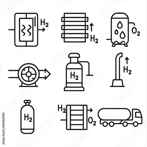 Green Hydrogen Icons. Outline style icon of Green Hydrogen Production: proton-exchange electrolyzer, alkaline electrolyzer stack,