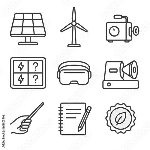 Renewable Education Icons. Outline style icon of Renewable Education Tools: solar kit model, wind turbine model, hand crank