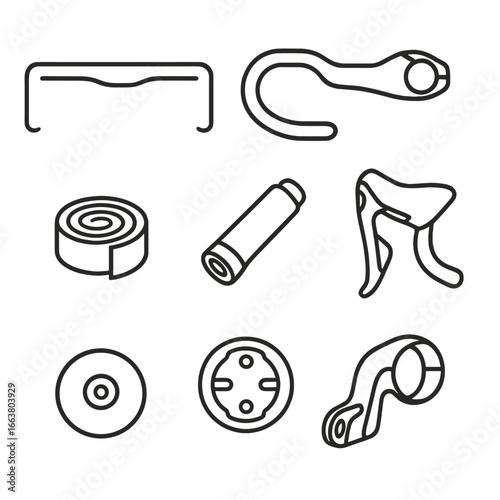 Cockpit Controls Icon. Outline style icon of Cockpit Controls: flat handlebar, drop handlebar, stem clamp, bar tape, grip