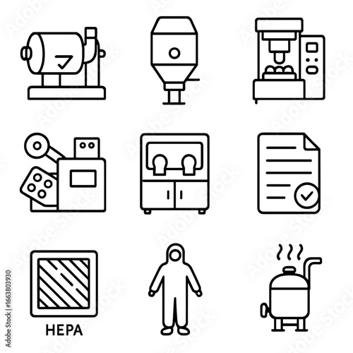 Pharmaceutical Equipment Icons. Outline style icon of Pharmaceutical GMP Suite: granulator mixer, fluid-bed dryer, tablet press,