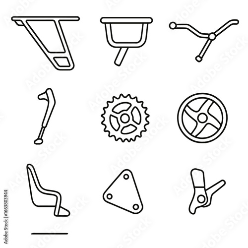 Cargo Bike Components. Outline style icon of Cargo Bike Hardware: longtail rack, front platform, steering linkage, kickstand foot,