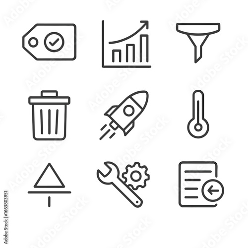 Test Suite Icon Set. Outline style icon of Regression Suite Maintenance: baseline version tag, change impact chart, selective run