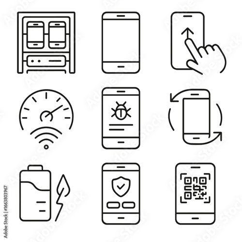 Mobile Testing Icons. Outline style icon of Mobile App Testing Stack: device farm rack, emulator screen, gesture swipe icon,