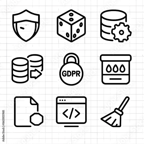 Data Management Icons. Outline style icon of Test Data Management: data mask shield, synthetic data dice, sub-set cutter, database