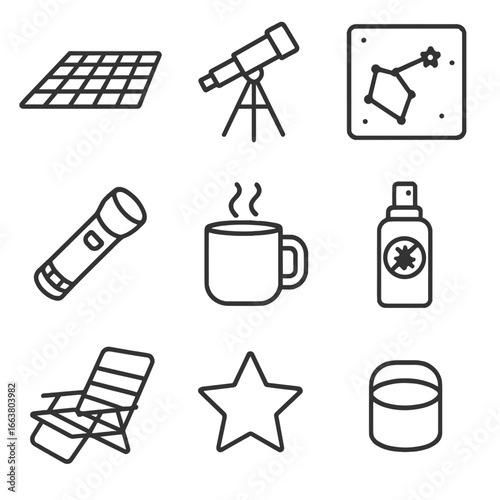 Stargazing Essentials Icon Set. Outline style icon of Sunset Stargazing Pack: picnic quilt, telescope tripod, constellation map,
