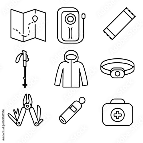 Hiking Gear Essentials. Outline style icon of Hiking Day Pack: trail map, hydration bladder, energy bar, trekking pole, compact