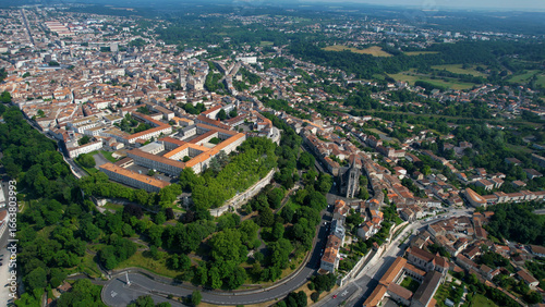 Aerial panorama view around the old town and around the city Angoulême in France, on a sunny summer noon