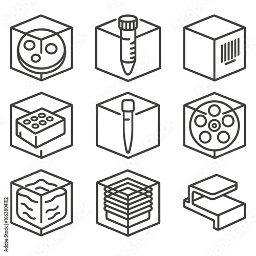 Modular Cube Icons. Outline style icons of Modular Cube: laboratory sample cube, cryo vial cube, barcode face cube, reagent tray
