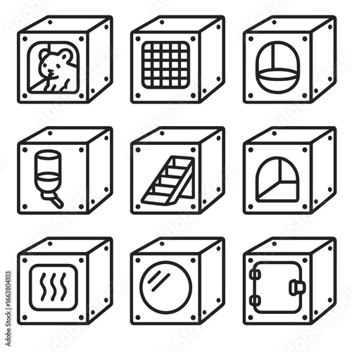Modular Cube Icons. Outline style icons of Modular Cube: pet habitat cube, mesh vent cube, feeder cup cube, water bottle cube,