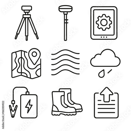 Mobile Workforce Icons. Outline style icons of Mobile Workforce: field survey tripod, GPS rover pole, data logger tablet,