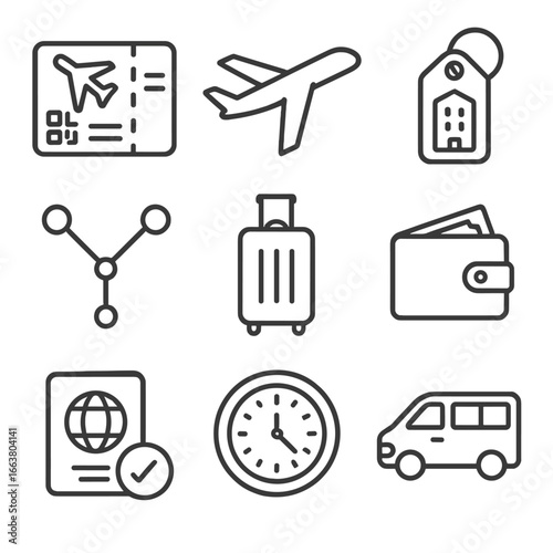 Model Casting Icons. Outline style icons of Model Casting: travel itinerary ticket, airplane outline, hotel keycard, transit map