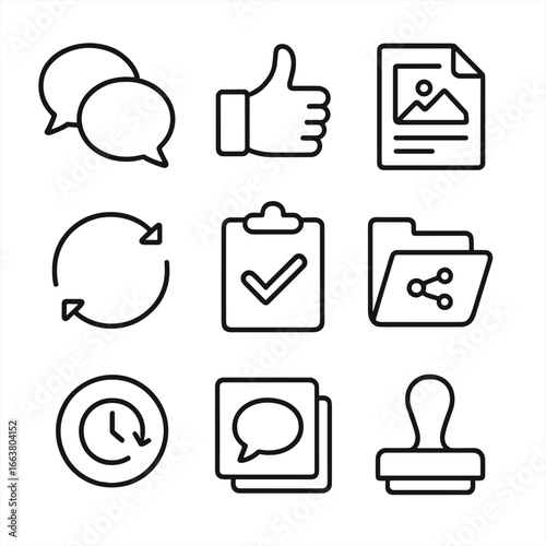 Model Casting Icons. Outline style icons of Model Casting: collaboration chat bubble, feedback thumbs up, creative brief file,